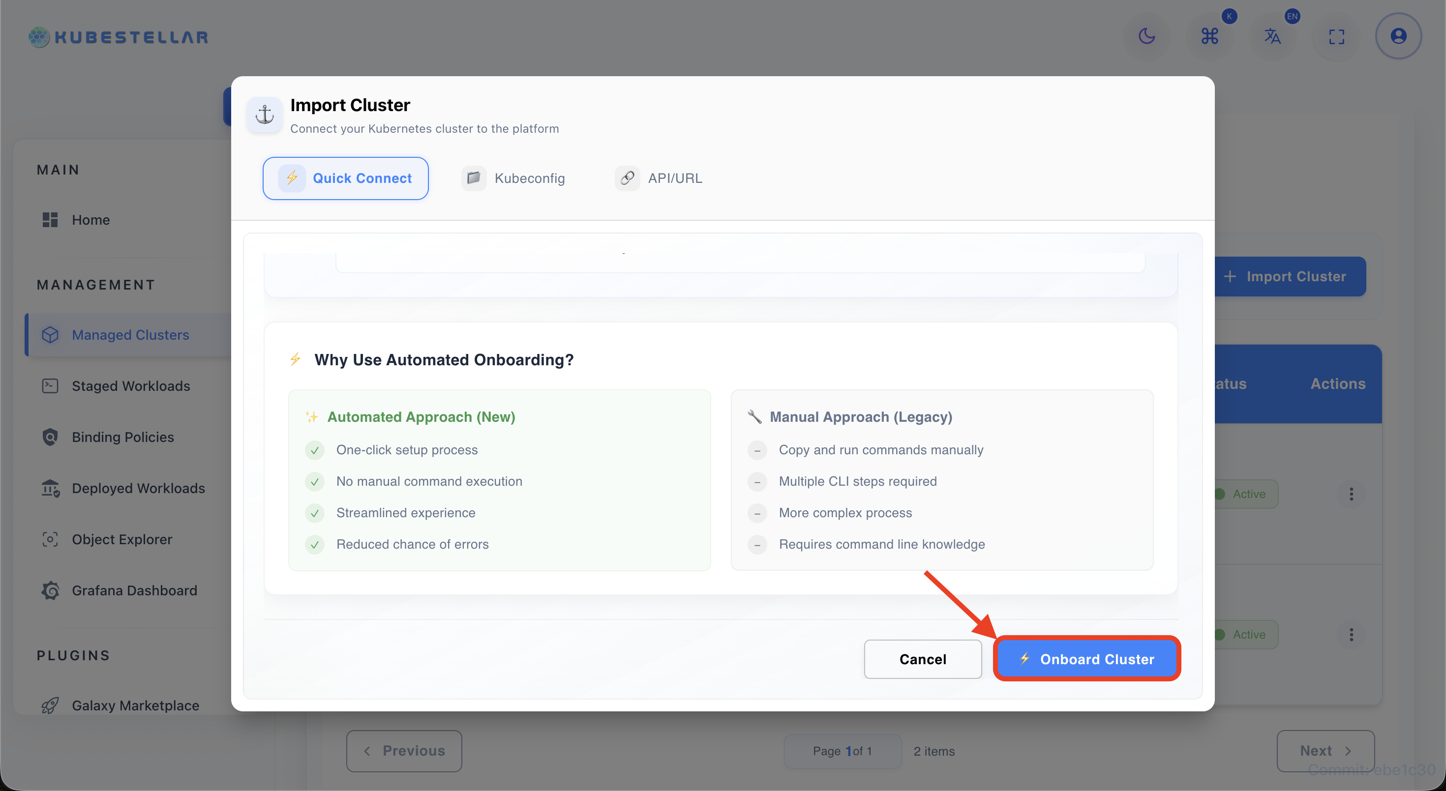 Step 6 — Onboard Cluster button